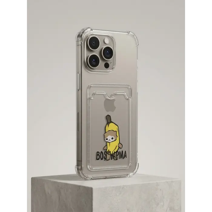 iPhone 15 Pro Max Boş Yapma Muz Detaylı Kart Bölmeli Şeffaf Telefon Kılıfı
