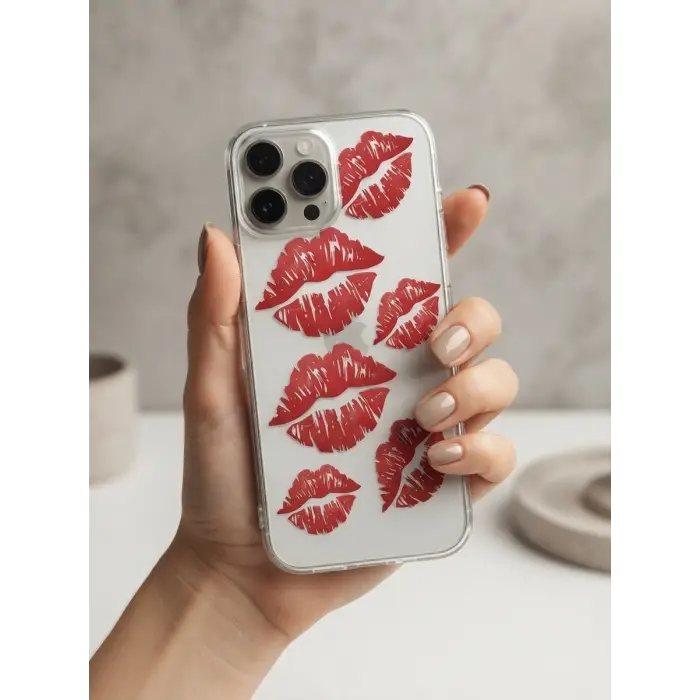 iPhone 15 Pro Max Kırmızı Dudak / Öpücük Desenli Şeffaf Telefon Kılıfı