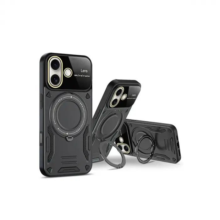 İphone 16 Kılıf Joy Lens Standlı Kapak - Koyu Yeşil