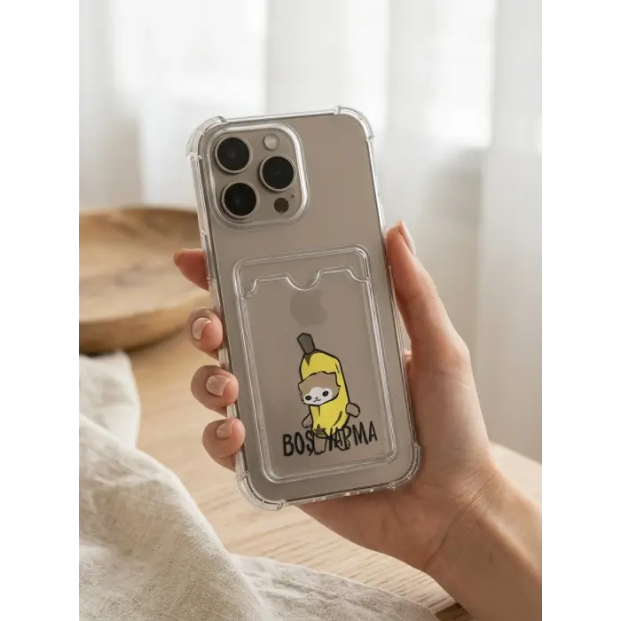 iPhone 16 Pro Max Boş Yapma Muz Detaylı Kart Bölmeli Şeffaf Telefon Kılıfı