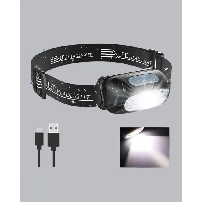 IPX5 Su Geçirmez Şarjlı LED Kafa Feneri | Hareket Sensörlü Ayarlanabilir 60° Far