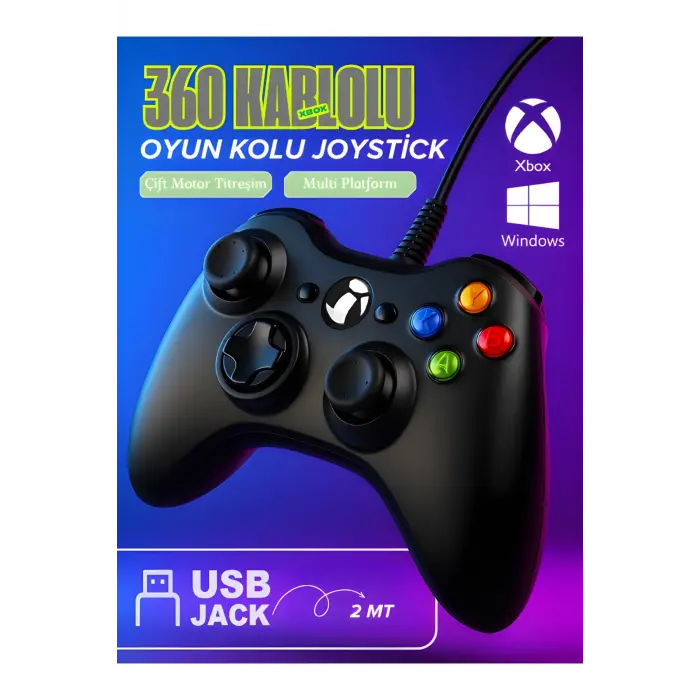 Kablolu joystick siyah Xbox 360 uyumlu hızlı şarj destekli bluetoothsuz garantisiz