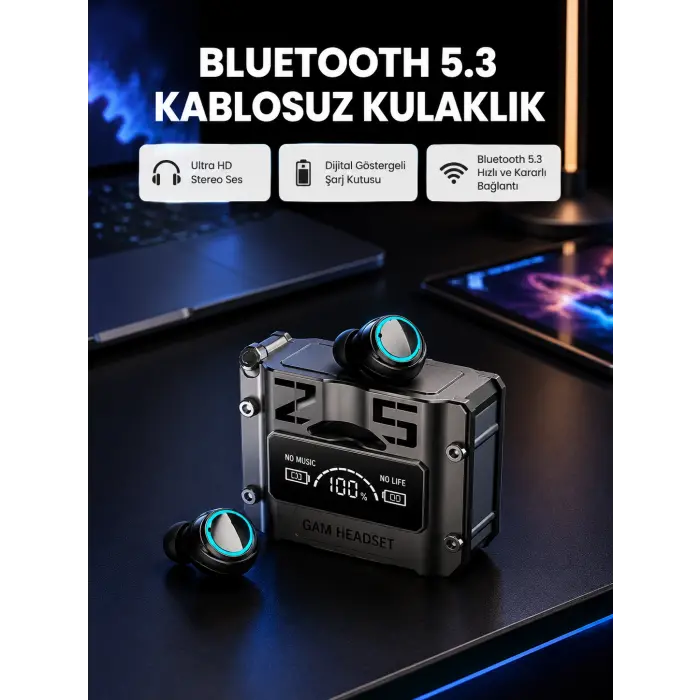 Kablosuz Bluetooth 5.3 Kulaklık – Aktif Gürültü Engelleme ve Gecikmesiz Oyun Modu