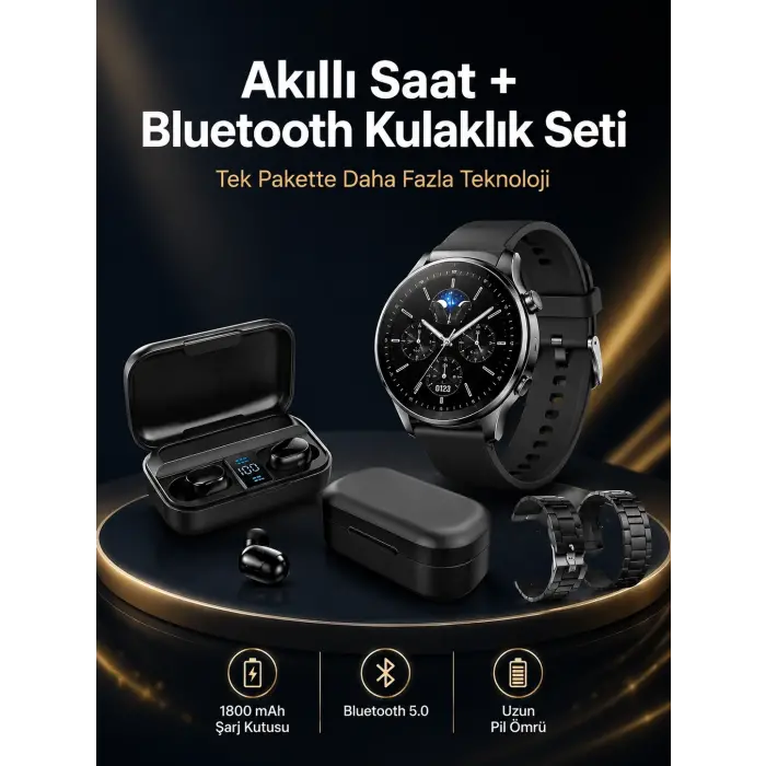 Kablosuz Bluetooth Kulaklık ve Kordon Hediyeli Akıllı Saat Nabız Ölçer Uzun Pil Ömrü