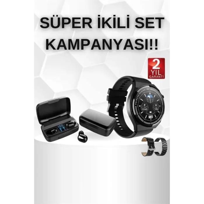 Kablosuz Bluetooth Kulaklık ve Kordon Hediyeli Akıllı Saat Nabız Ölçer Uzun Pil Ömrü
