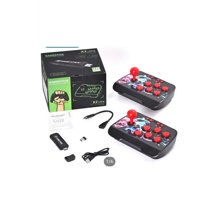Kablosuz çift joystickli retro video oyun makinesi Bluetooth özellikli kırmızı renkli