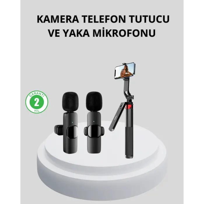 Kablosuz Çift Yaka Mikrofonu ve Tripodlu Selfie Çubuğu İçerik Üretici Seti