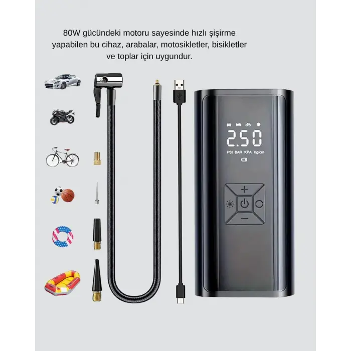 Kablosuz Dijital Lastik Şişirme Pompası LED Işıklı 80W