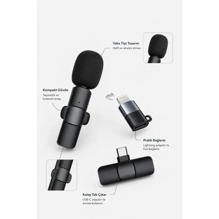 Kablosuz Yaka Mikrofonu USB-C ve Lightning Adaptörlü Telefon Uyumlu Kompakt Ses Kiti
