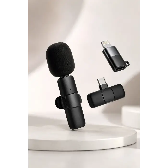 Kablosuz Yaka Mikrofonu USB-C ve Lightning Adaptörlü Telefon Uyumlu Kompakt Ses Kiti