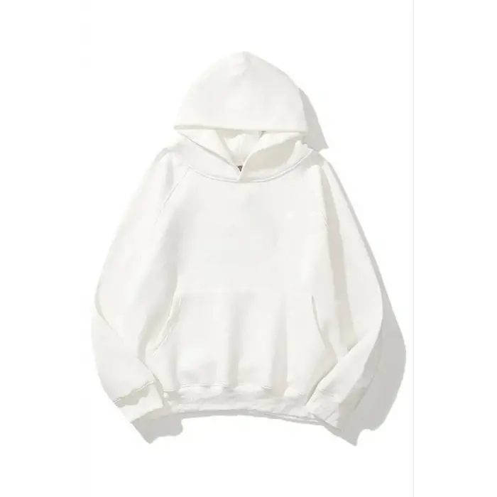 Kadın Kapüşonlu Kanguru Cepli 3 İplik Pamuklu Düz Hoodie Sweatshirt - Beyaz