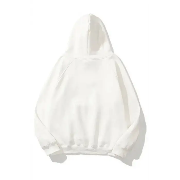 Kadın Kapüşonlu Kanguru Cepli 3 İplik Pamuklu Düz Hoodie Sweatshirt - Beyaz