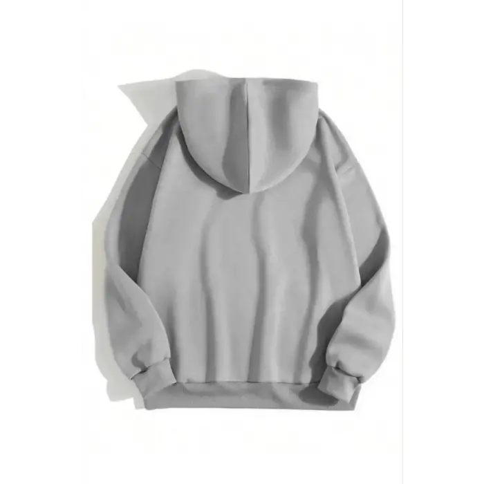 Kadın Kapüşonlu Kanguru Cepli 3 İplik Pamuklu Düz Hoodie Sweatshirt - Gri