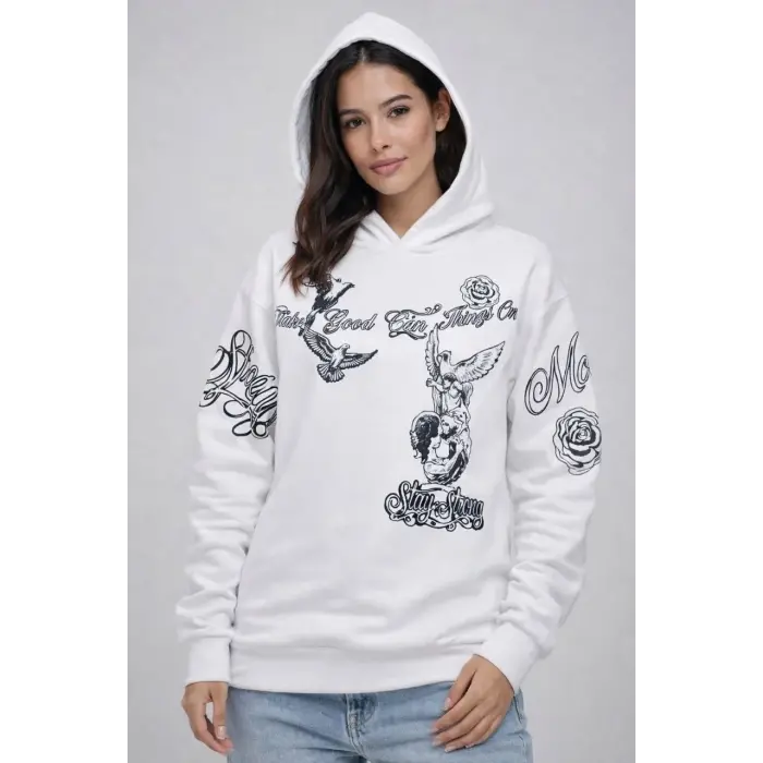 Kadın 3 İplik Pamuklu Kapüşonlu Baskılı SweatShirt hoodie - Beyaz