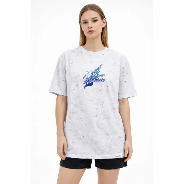 Kadın Asit Yıkamalı Oversize Tişört Bisiklet Yaka Kısa Kol T-shirt - Beyaz