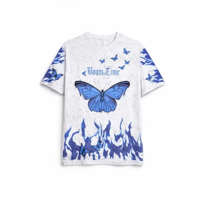 Kadın Asit Yıkamalı Oversize Tişört Bisiklet Yaka Kısa Kol T-shirt - Beyaz