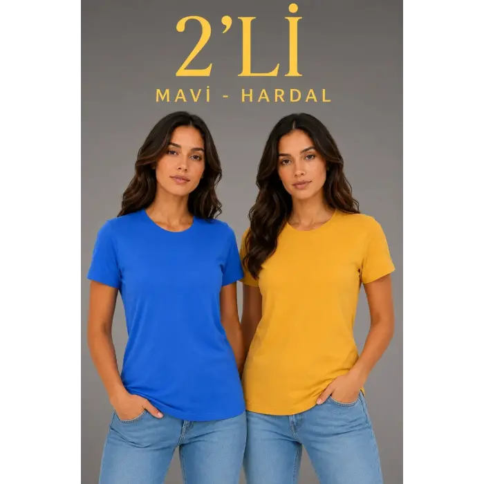 Kadın Basic Bisiklet Yaka Yazlık Slim fit T-Shirt - Mavi & Hardal Sarısı