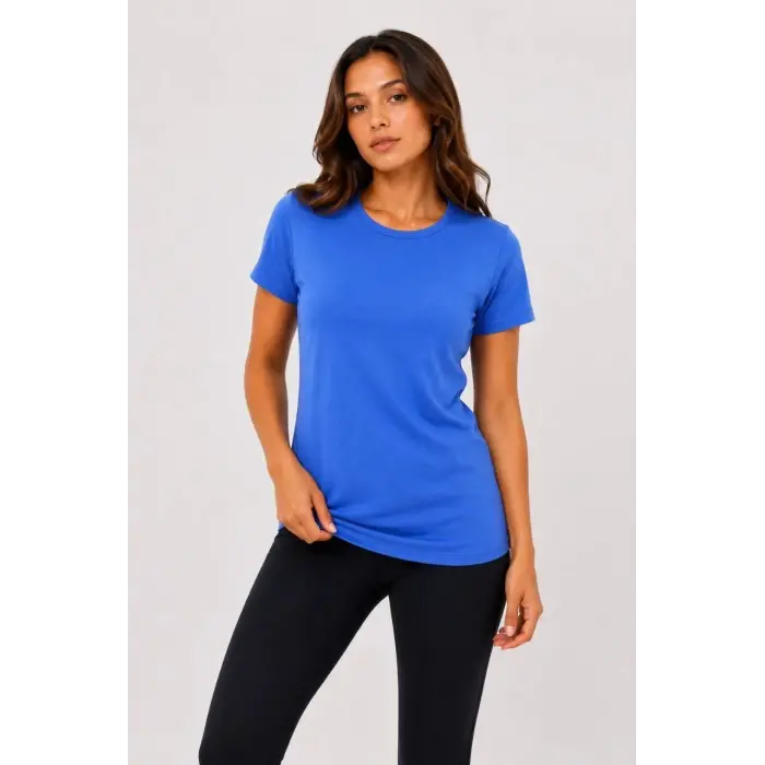 Kadın Basic Bisiklet Yaka Yazlık Slim fit T-Shirt - Mavi & Hardal Sarısı
