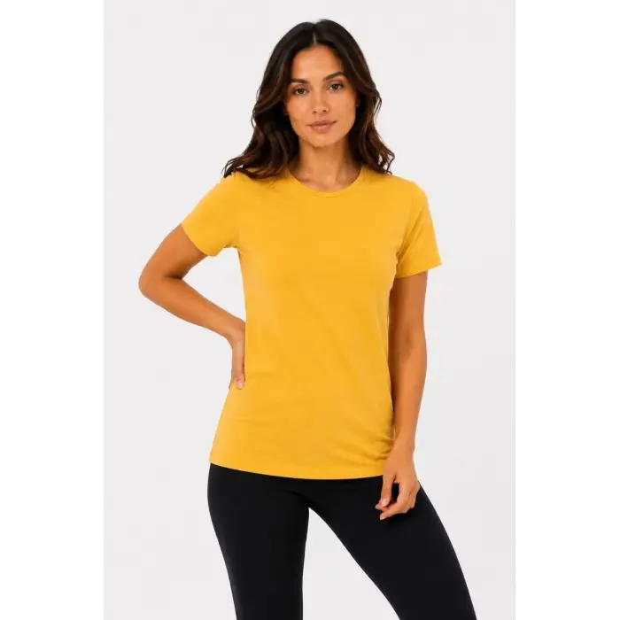 Kadın Basic Bisiklet Yaka Yazlık Slim fit T-Shirt - Mavi & Hardal Sarısı