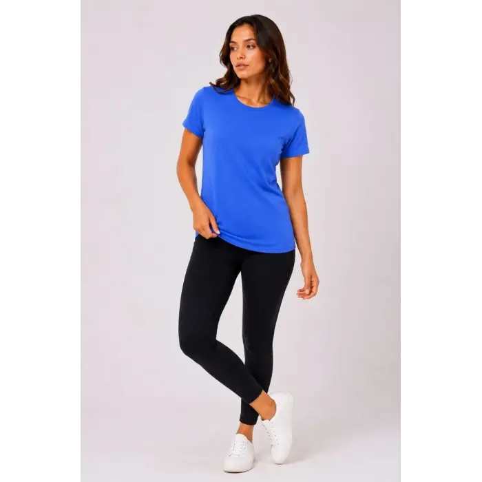 Kadın Basic Bisiklet Yaka Yazlık Slim fit T-Shirt - Mavi & Hardal Sarısı