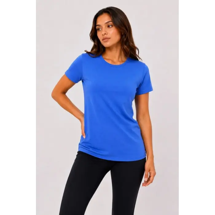Kadın Basic Bisiklet Yaka Yazlık Slim fit T-Shirt - Mavi & Hardal Sarısı