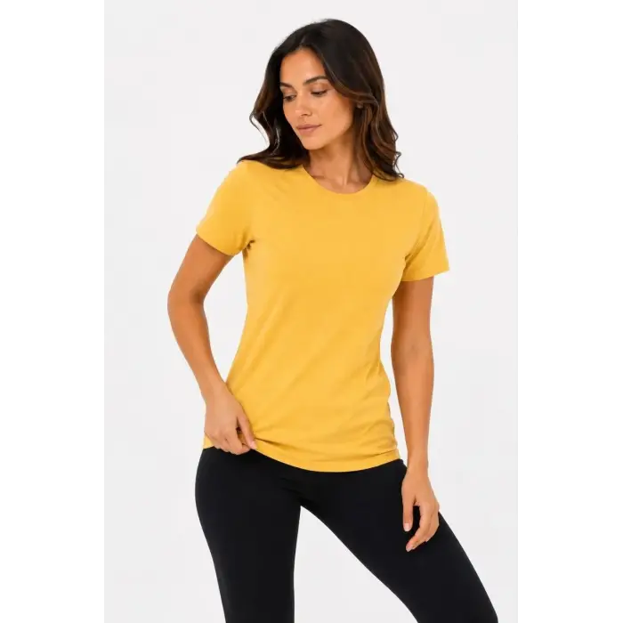 Kadın Basic Bisiklet Yaka Yazlık Slim fit T-Shirt - Mavi & Hardal Sarısı