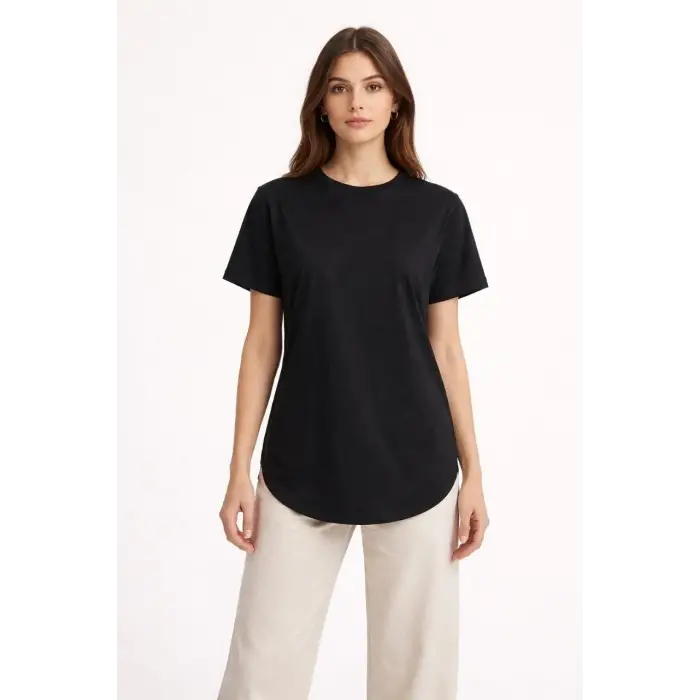 Kadın Basic T-Shirt Kısa Kol Bisiklet Yaka Oval Kesim Tişört - Siyah