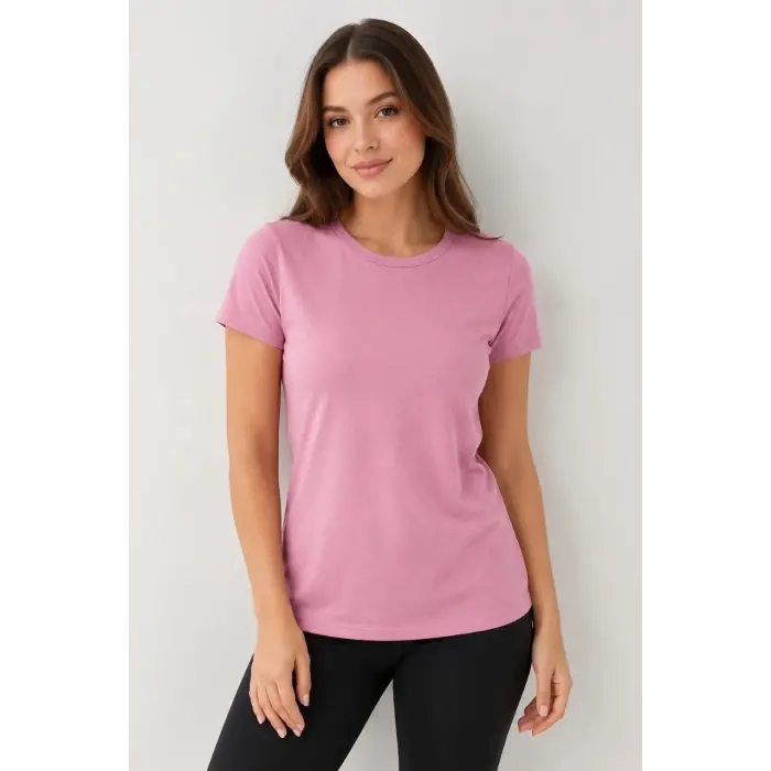 Kadın Basic Tişört Bisiklet Yaka Kısa Kol Günlük Yazlık Slim fit T-Shirt - Pembe