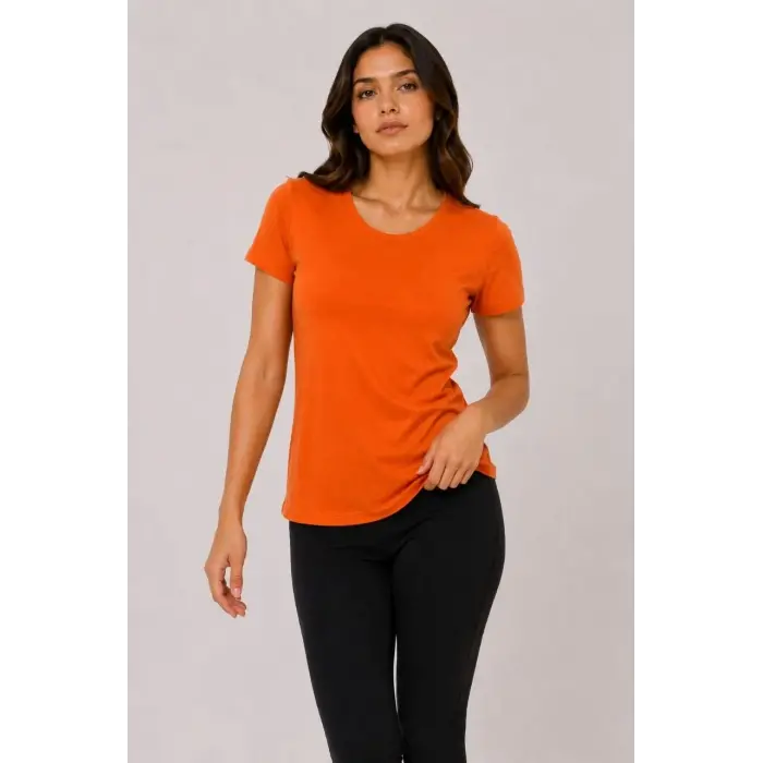 Kadın Basic Tişört Bisiklet Yaka Kısa Kol Günlük Yazlık Slim fit T-Shirt - Turuncu
