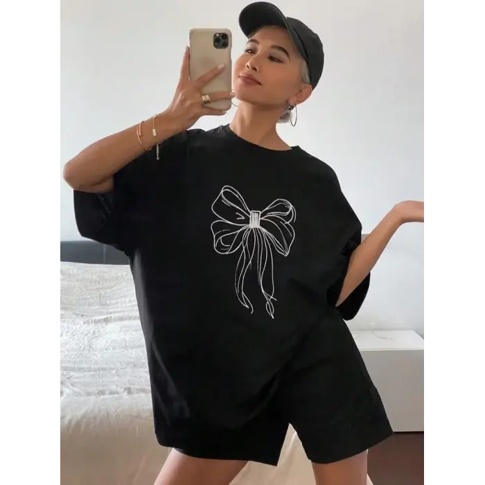 Kadın Fiyonk Baskılı T-Shirt Kısa Kol Bisiklet Yaka Oversize Tişört - Siyah