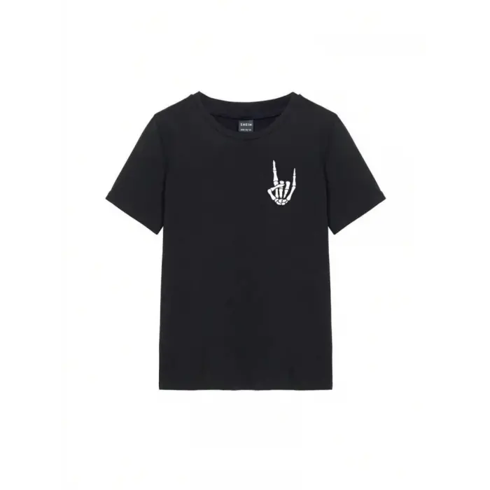 Kadın Baskılı T-Shirt Kısa Kol Bisiklet Yaka Oversize Rahat Kalıp Tişört - Siyah