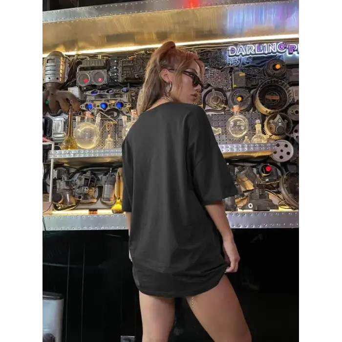 Kadın Leopar Kalp Baskılı Tişört Kısa Kol Bisiklet Yaka Oversize T-shirt - Siyah