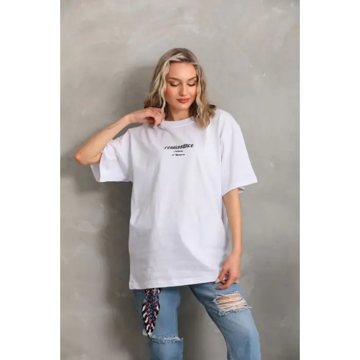 Kadın Kısa Kol Yazlık Tişört Bisiklet Yaka Baskılı Oversize T-Shirt - Beyaz