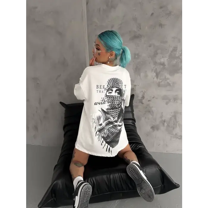 Kadın Kısa Kol Tişört Bisiklet Yaka Filistin Poşülü Baskılı T-Shirt - Beyaz