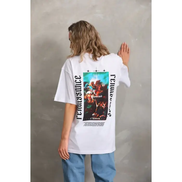 Kadın Kısa Kol Yazlık Tişört Bisiklet Yaka Baskılı Oversize T-Shirt - Beyaz