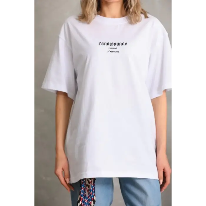 Kadın Kısa Kol Yazlık Tişört Bisiklet Yaka Baskılı Oversize T-Shirt - Beyaz