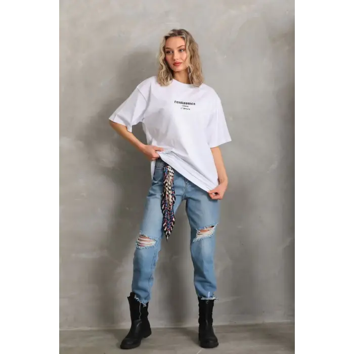 Kadın Kısa Kol Yazlık Tişört Bisiklet Yaka Baskılı Oversize T-Shirt - Beyaz