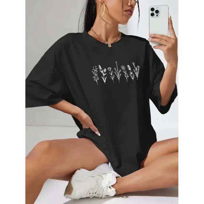 Kadın Baskılı T-Shirt Kısa Kol Bisiklet Yaka Oversize Rahat Kalıp Tişört - Siyah