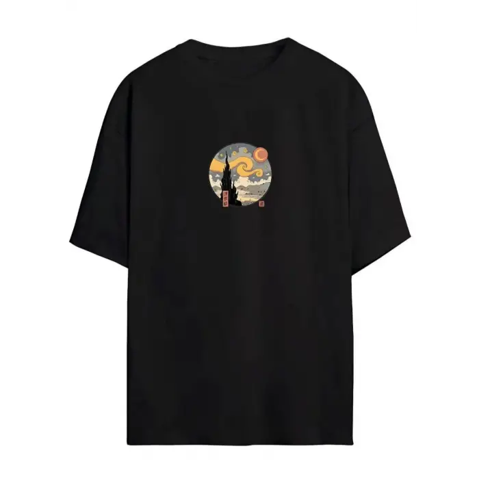 Kadın Baskılı T-Shirt Kısa Kol Bisiklet Yaka Oversize Rahat Kalıp Tişört - Siyah