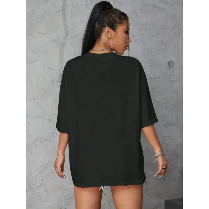 Kadın Baskılı T-Shirt Kısa Kol Bisiklet Yaka Oversize Rahat Kalıp Tişört - Siyah