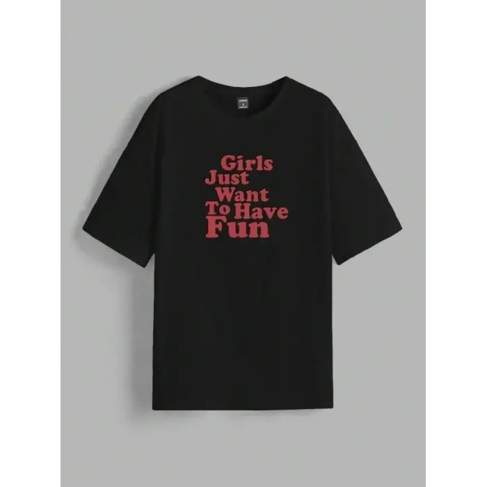 Kadın Baskılı Oversize Kısa kol T-shirt - Siyah