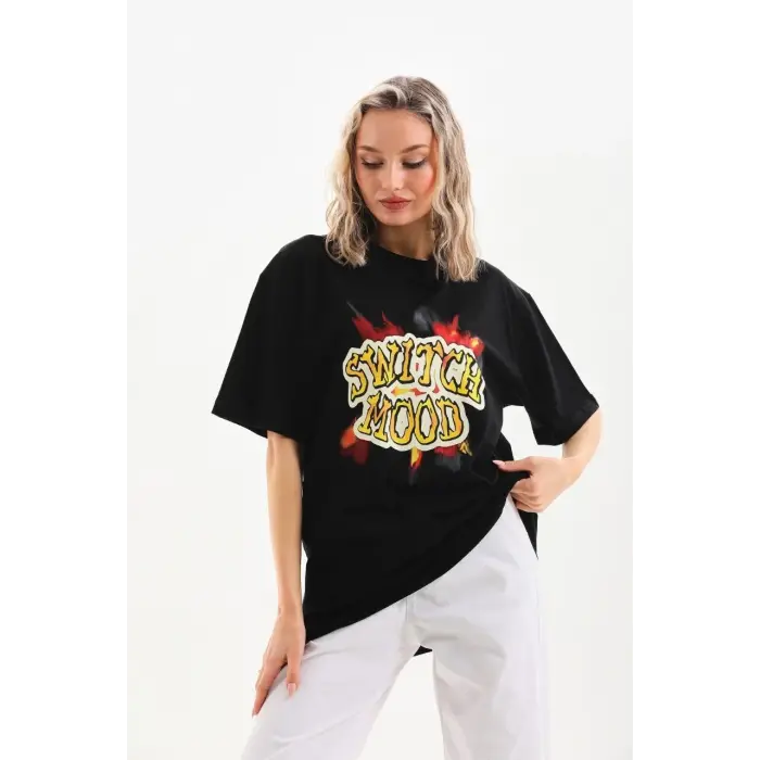 Kadın Kısa Kol Yazlık Tişört Bisiklet Yaka Ejderha Baskılı T-Shirt - Siyah