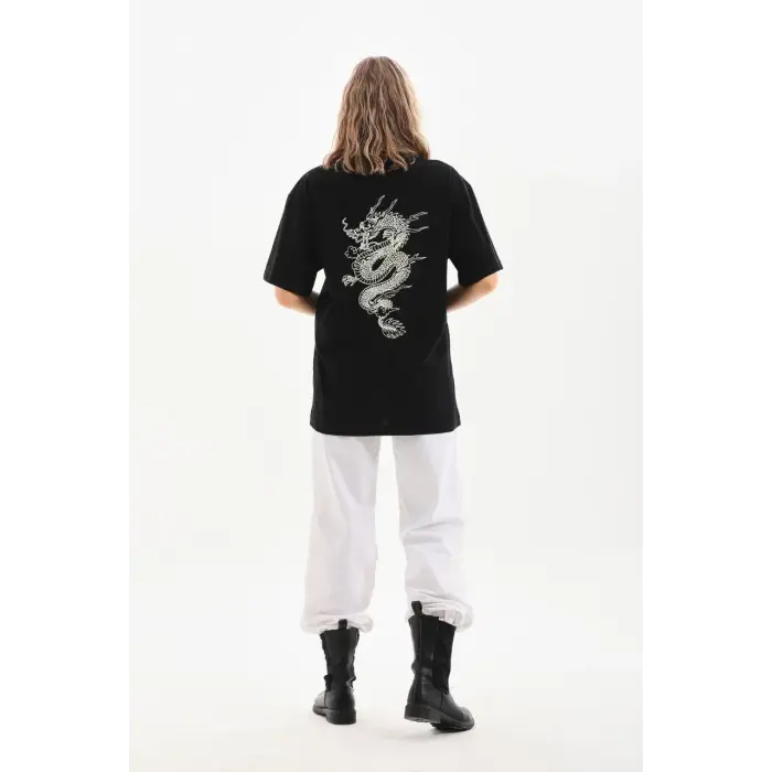 Kadın Kısa Kol Yazlık Tişört Bisiklet Yaka Ejderha Baskılı T-Shirt - Siyah