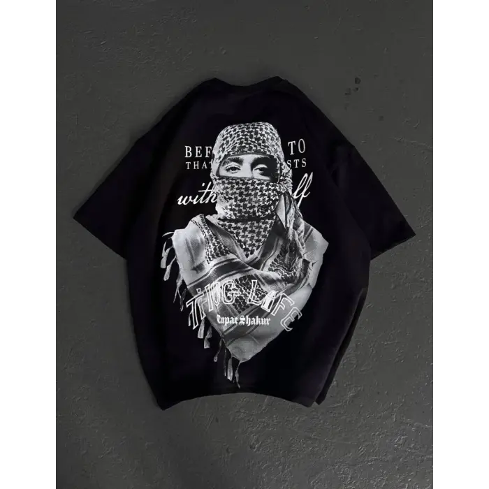 Kadın Kısa Kol Tişört Bisiklet Yaka Filistin Poşülü Baskılı T-Shirt - Siyah