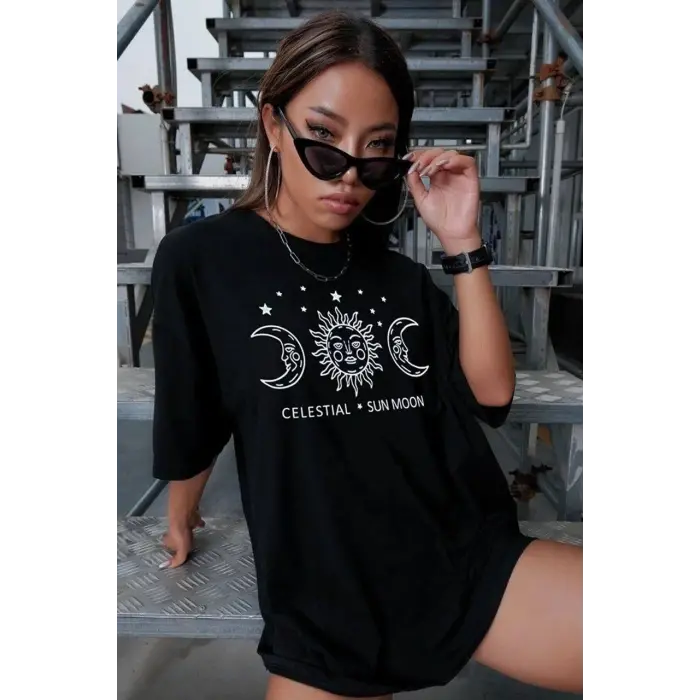 Kadın Baskılı T-Shirt Kısa Kol Bisiklet Yaka Oversize Rahat Kalıp Tişört - Siyah
