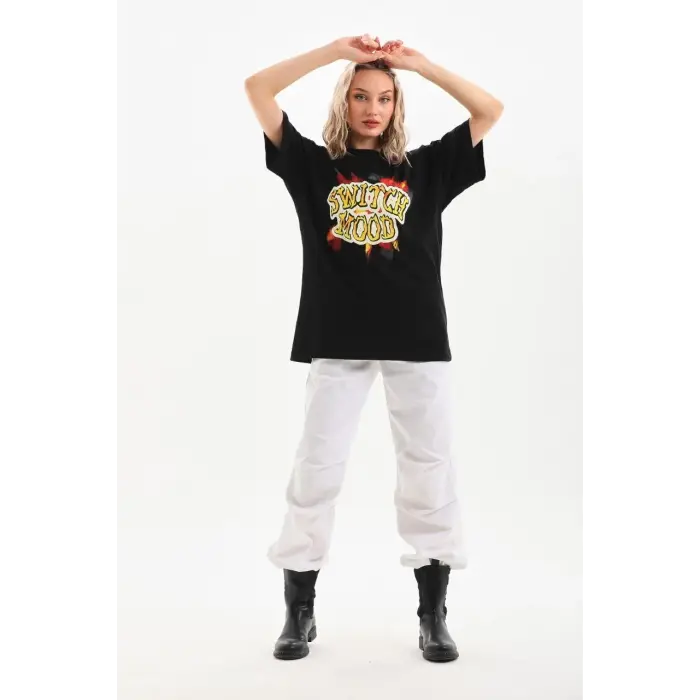 Kadın Kısa Kol Yazlık Tişört Bisiklet Yaka Ejderha Baskılı T-Shirt - Siyah