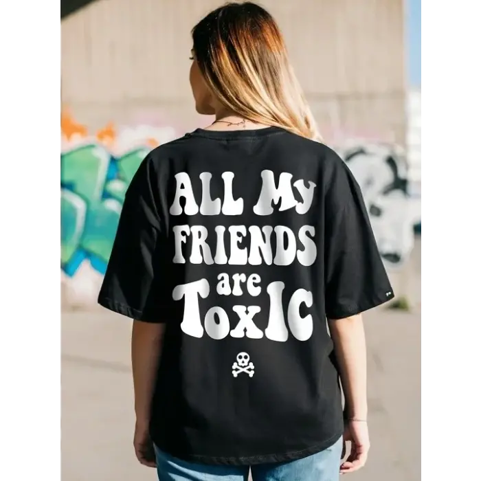 Kadın Kısa Kol Yazlık Tişört Bisiklet Yaka Baskılı Oversize T-Shirt - Siyah