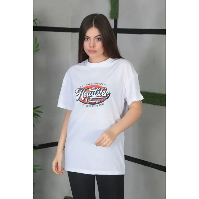 Kadın Kısa Kol Yazlık Tişört Bisiklet Yaka Baskılı Oversize T-Shirt - Beyaz