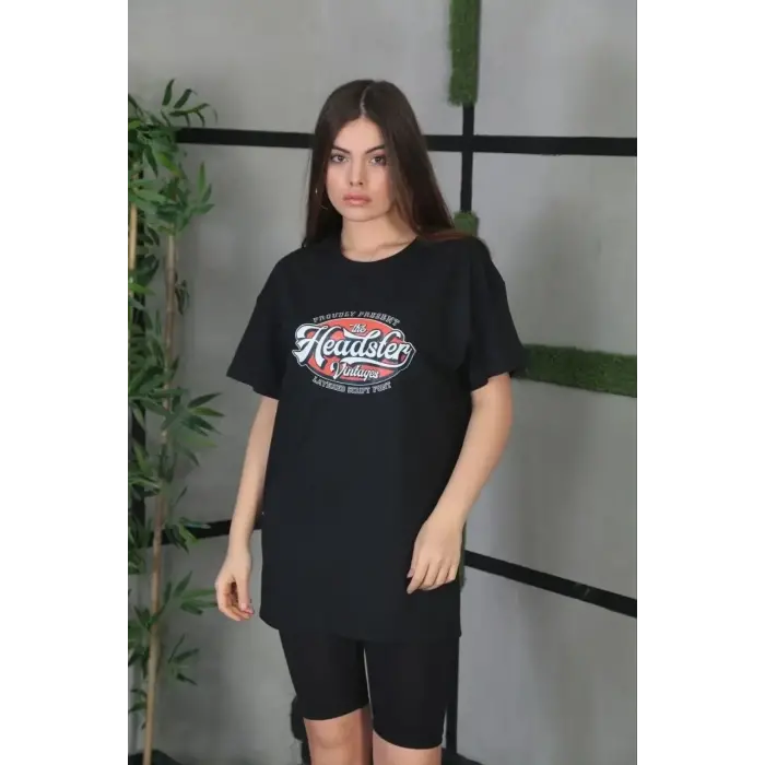 Kadın Kısa Kol Yazlık Tişört Bisiklet Yaka Baskılı Oversize T-Shirt - Siyah