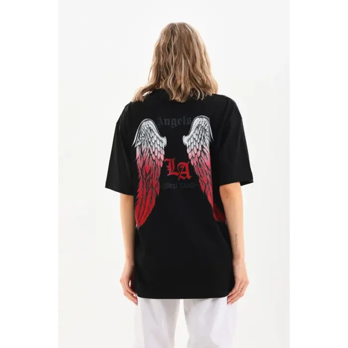 Kadın Baskılı Tişört Kısa Kol Bisiklet Yaka Oversize T-Shirt - Siyah